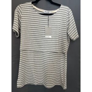 Smallshow Nursing Top Grey White Striped Short Sleeve Maternity  M